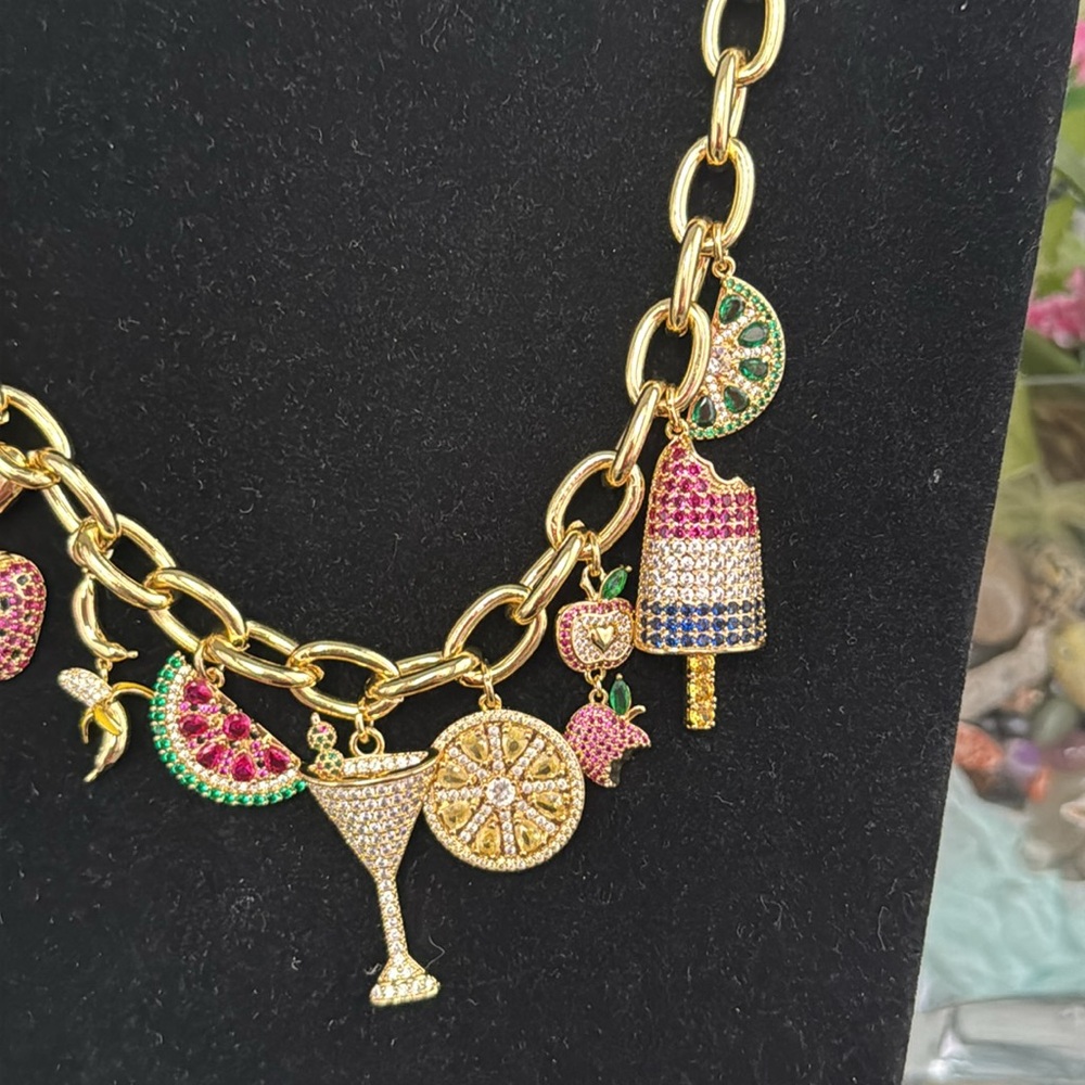 Eye Candy Fruit Charm Necklace Gold tone CZ - Picture 7 of 9